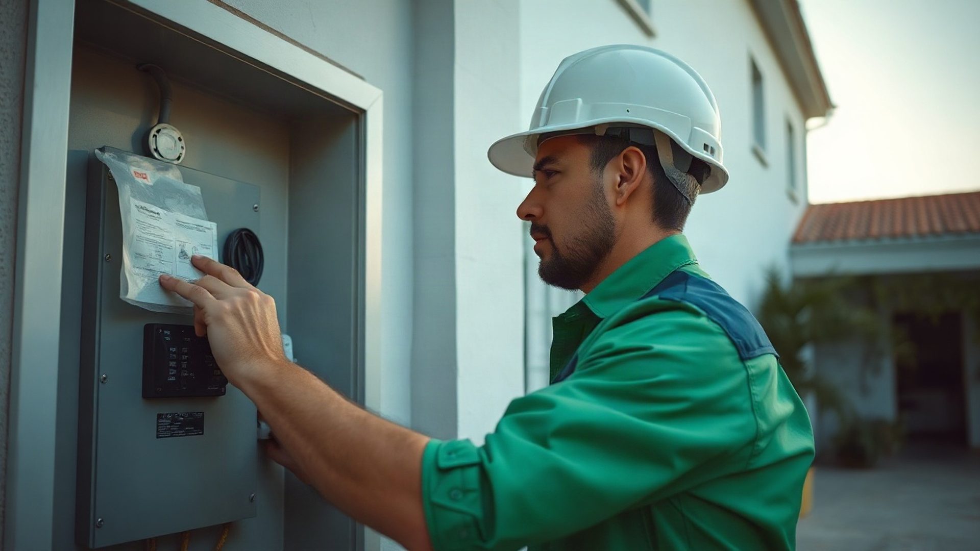 Electricista certificado inspeccionando un tablero eléctrico residencial en Mercedes, Uruguay