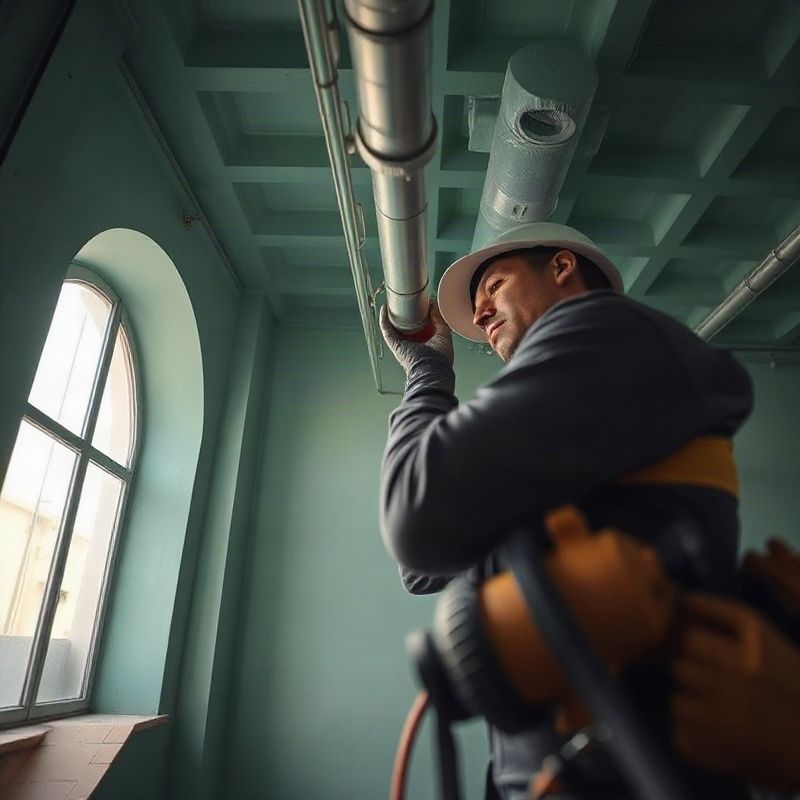 Electricista instalando cañería a lo largo del interior de un edificio en Mercedes, Uruguay