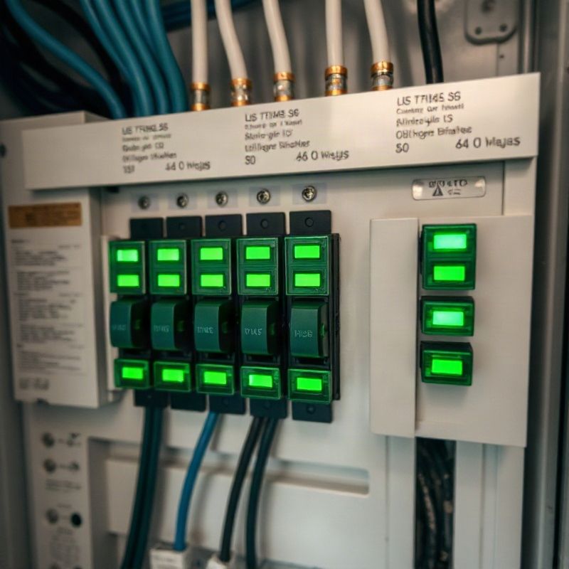 Primer plano de un tablero de distribución moderno con indicadores verdes activos
