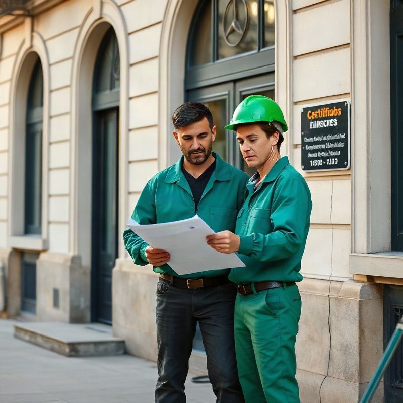 Dos electricistas certificados en uniformes con acento esmeralda revisando planos técnicos frente a un edificio en Mercedes
